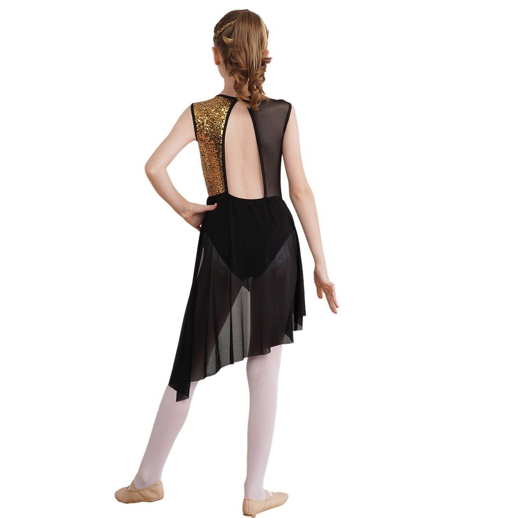 Rochie de dans liric cu paiete, fără mâneci, cu gât rotund, pentru copii, fete