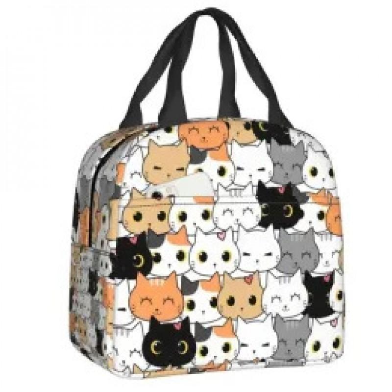 Kids Cartoon Cat Insulated Lunch Bag School Outdoor Picnic Handheld Crossbody Bento