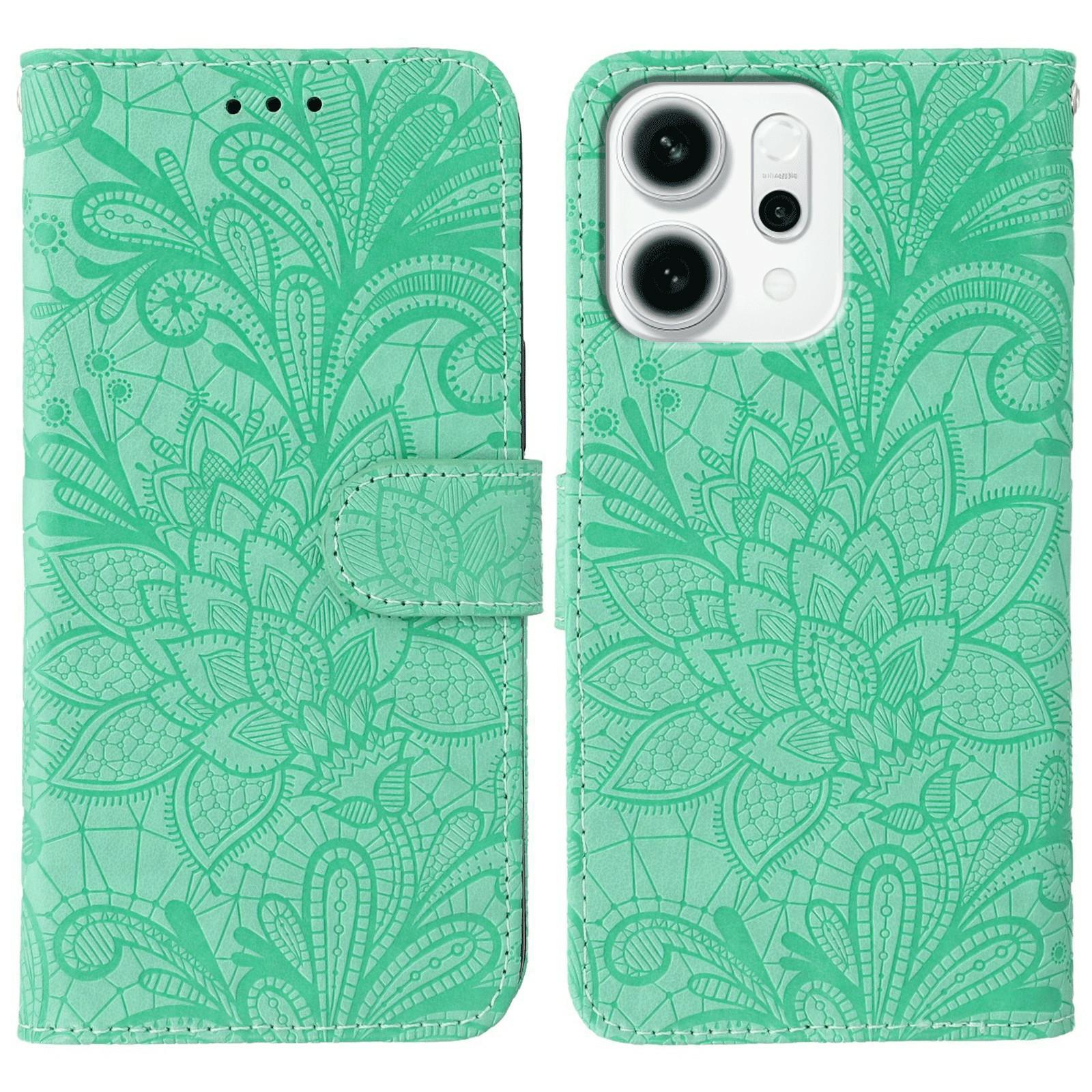 

For Oppo Reno14 F 5G Case Lace Flowers PU Leather Flip Wallet Phone Cover Green