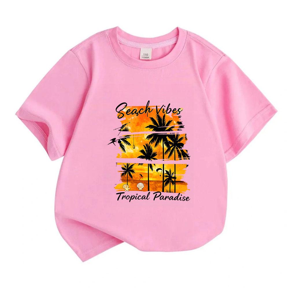 Kids Boys Girls 100% Cotton Crew Neck Short Sleeve T-Shirt, Summer Tropical Paradise Beach Vibes Palm Tree Sunset Casual Soft Breathable Tees for Dail