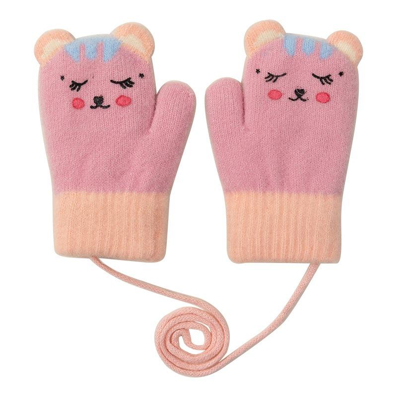 Men's and Women's Winter Double-layer Thickened Warm Neck Hanging Outdoor Cold-proof Cycling Cartoon Bear Knitted Children's Gloves Children