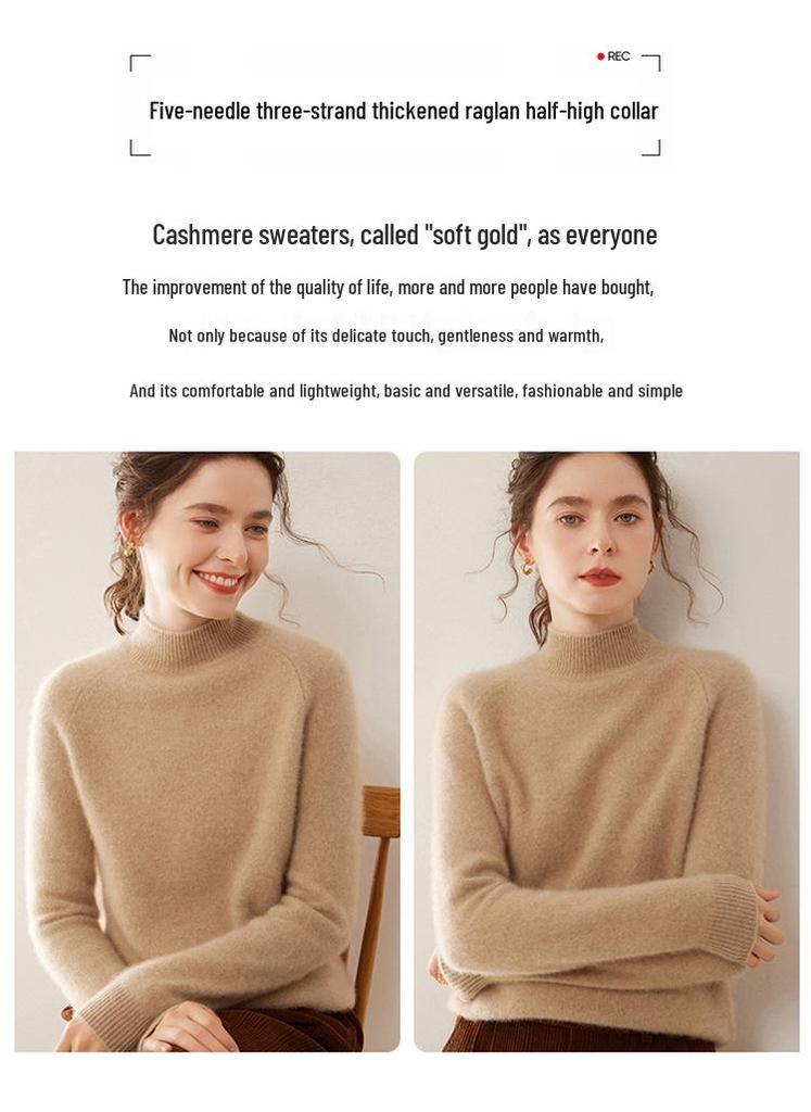Women's Cashmere Sweater: Five-Needle Three-Strand, Half-High Collar, Thick Knitwear Pullover.