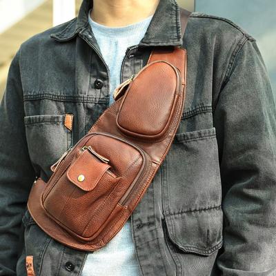 Sac de poitrine en cuir véritable pour homme Sac de poitrine décontracté en cuir de vache Premium Sense Sac à bandoulière pour homme