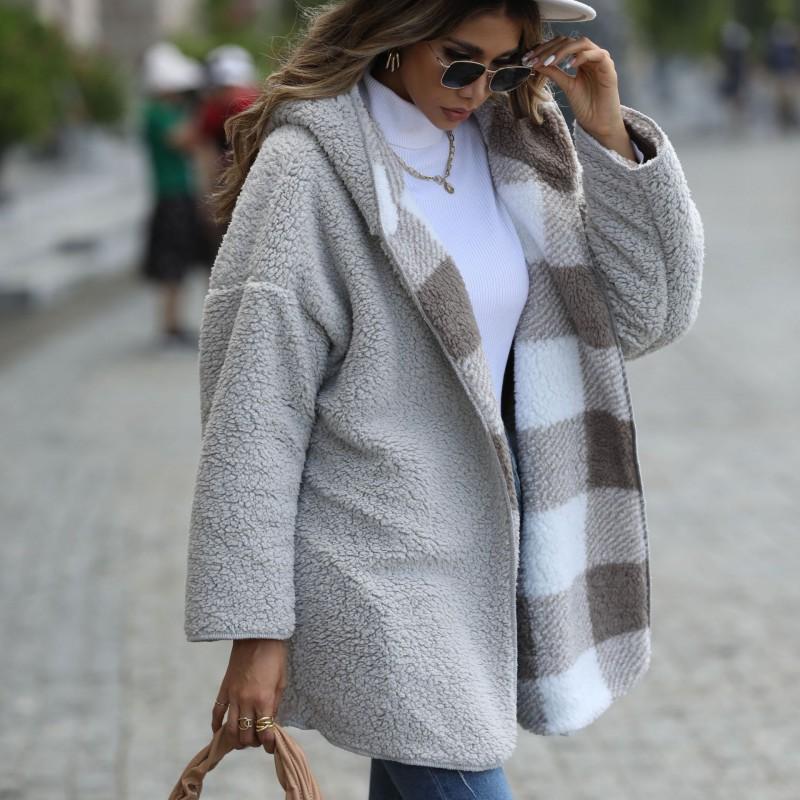 Womens Oversized Hooded Bubble Fleece Coat Casual Long Sleeve Plaid Loose Fit Mid-Length Unbuttoned Jacket
