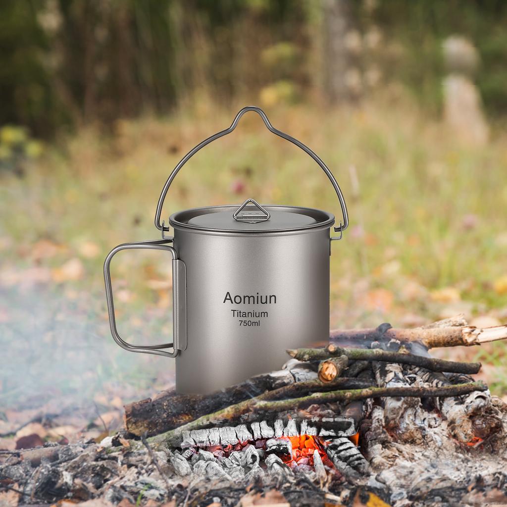 Aomiun Ultralight 750ml Titan Topf Tragbarer Titan Wasserbecher mit Deckel und faltbarem Griff Outdoor Camping Kochen Picknick