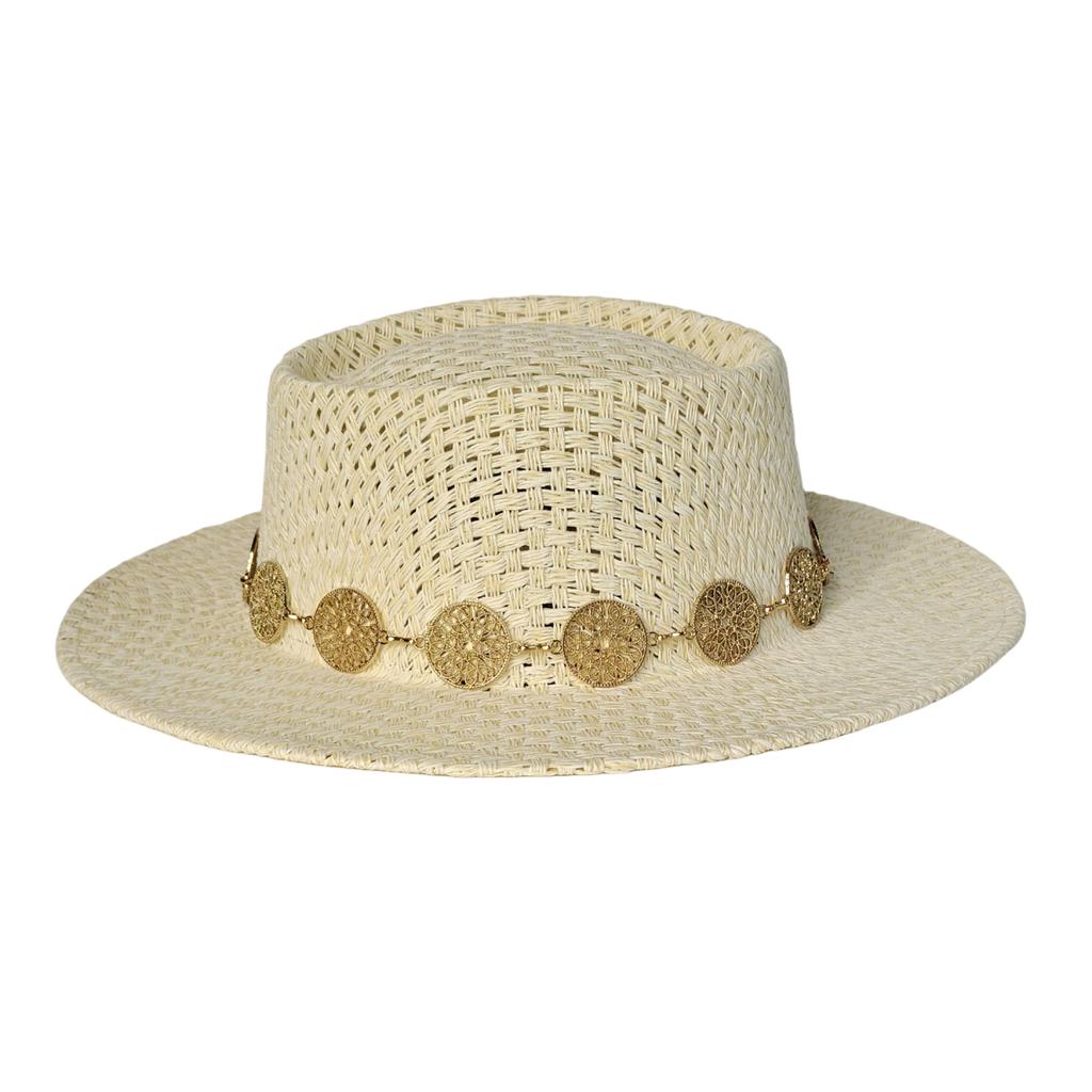 Metal Chain Beach Sun Straw Hats for Women UV Sun Protection Wide Brim Travel Party Hat Hollow Design Boater sombrero de paja