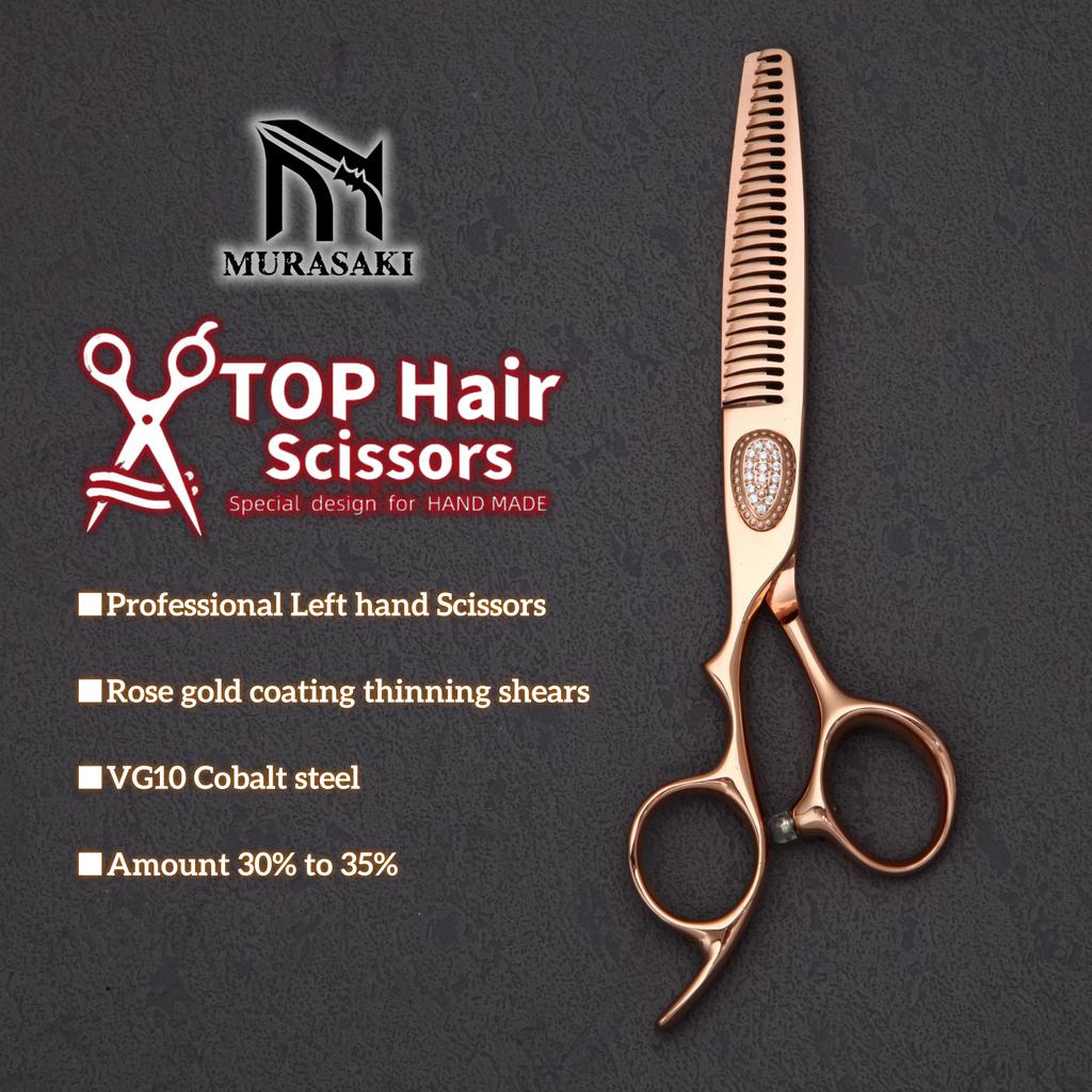 6.0-7.0 Inch MURASAKI Left Hand Scissors, Rose Gold Coating, VG10 Metal Steel Barber Shears, Salon Top-Level Hair Cutting Tools