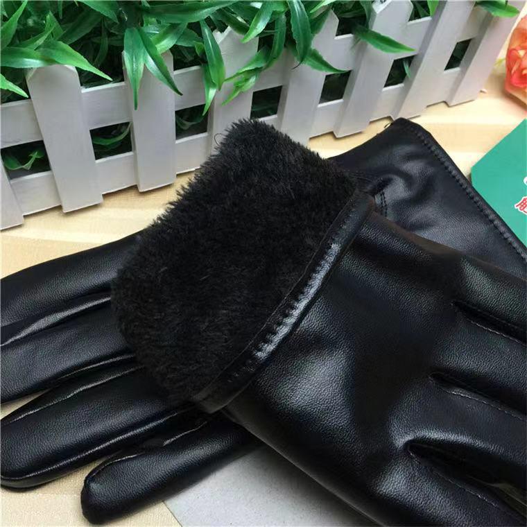 Touchscreen PU Leather Gloves - Men's & Women's Winter Warm Fleece-Lined, Windproof Black Cycling Gloves