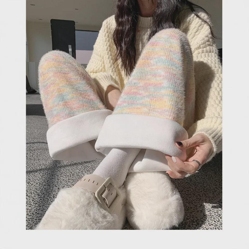 Women's Rainbow Glutinous Rice Pants - Spring/Winter 2024 High Waist, Loose Fit, High Waist, Plus Velvet, Wide Leg.