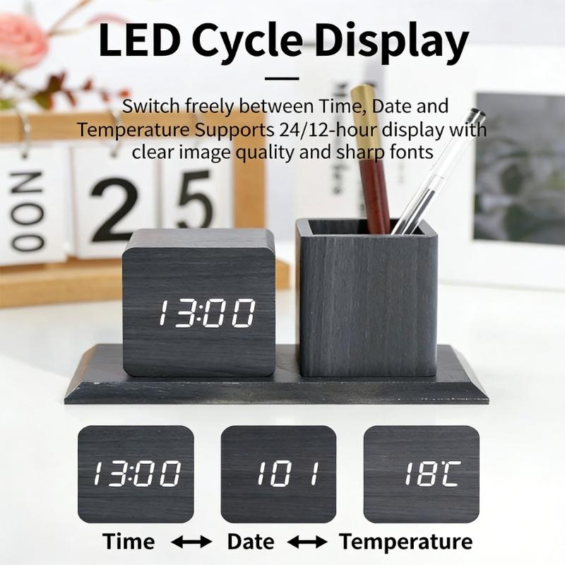 Creative Wooden Desk Item Combines Digital Alarm Clock With Pen Storage Section faint Setting And Three Alarm picks
