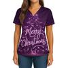 Women's Christmas Print V-Neck Double Pocket Short Sleeves Hem Slit  Uniform And Caregiver Top