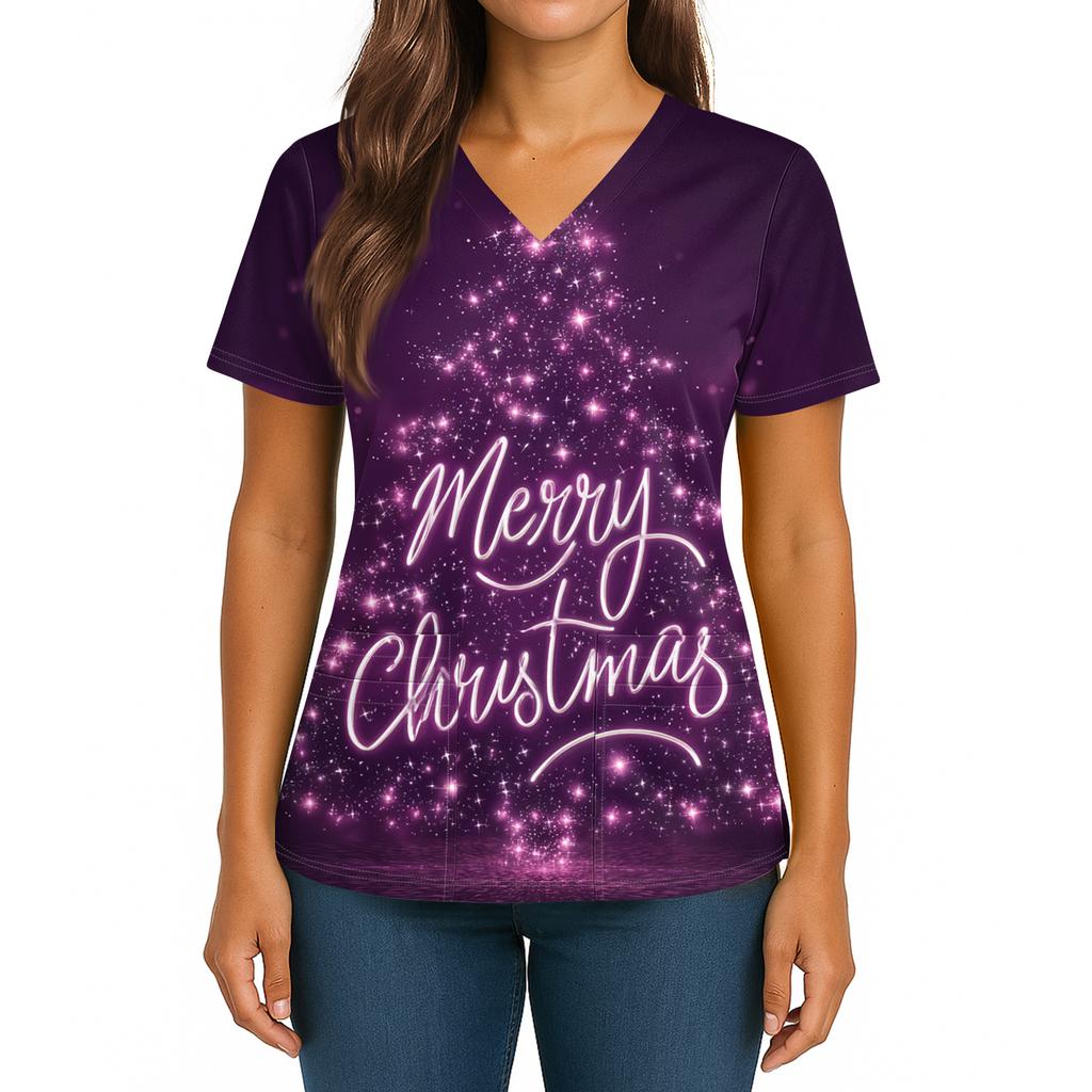 Women's Christmas Print V-Neck Double Pocket Short Sleeves Hem Slit  Uniform And Caregiver Top
