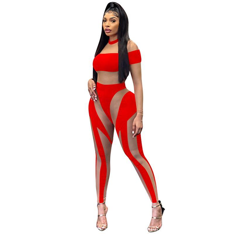 

Sexy Mesh Patchwork Party Bodysuit Mesh Jumpsuit Long New C5781-Red Size XXL