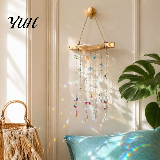 Glass Wind Chimes Crystal Chime Pendant, Glittering Sun Catchers with Long Outdoor Courtyard Accessory Tassel, Sophisticated Hanging Ornament