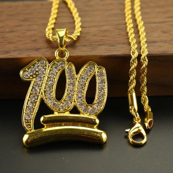 Men Hip Hop Twist Chain Rhinestone Number 100 Pendant Necklace Street Jewelry