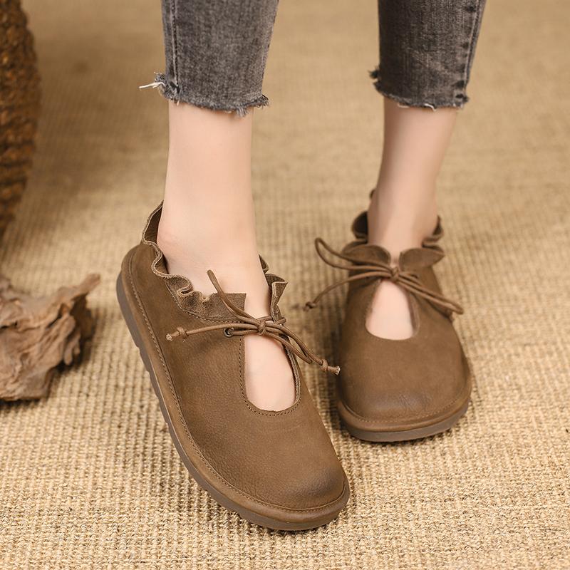 Spring Summer Female Soft Original Flats Shoes Women Lace Up Genuine Leather Comfort Luxury Elegant Shoes for Ladies Zapatos
