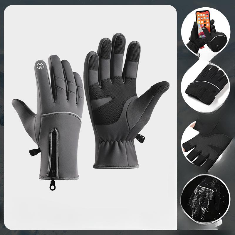 Cycling Gloves Men's Winter Zipper Touch Screen Windproof and Warm Waterproof Cycling Sports Plus Fleece Ski Gloves Adjustable