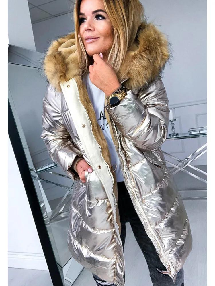 

Повседневные парки для сохранения тепла, верхняя одежда, женские однотонные глянцевые куртки с молнией и меховым воротником, пальто, куртки, верхняя одежда, парки, пальто 5XL шампанского
