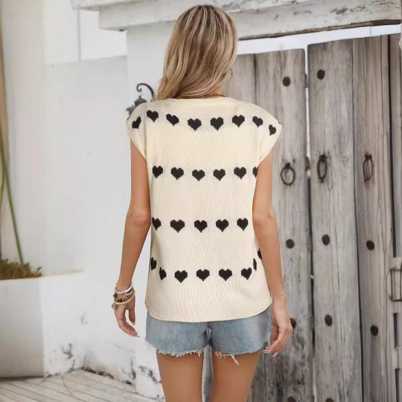 Womens Loose Fit Knit Top With Embroidered Heart Round Neck Short Sleeve Sweater In Acrylic Casual Office Style