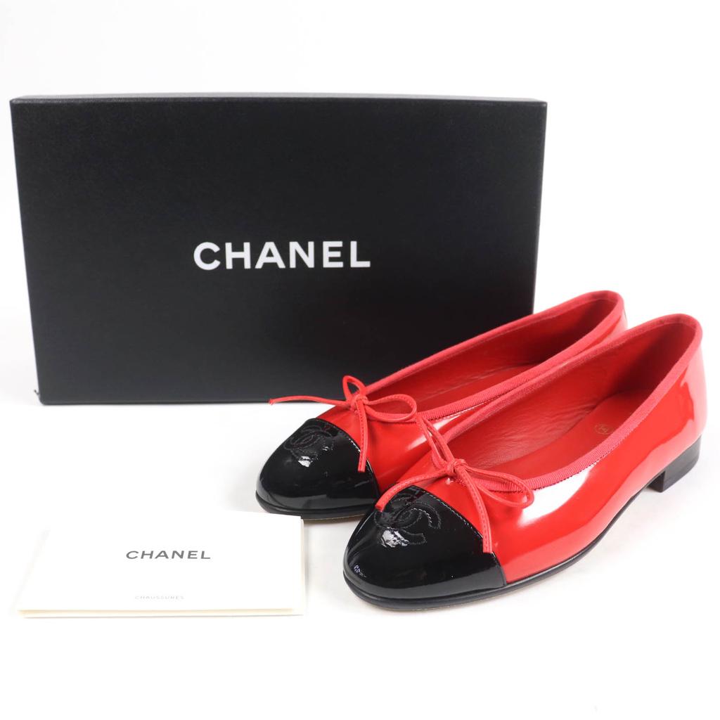 Chanel Ballet Shoes COCO Mark Two-tone Flats Red Black Patent Leather 36 G02819 Used