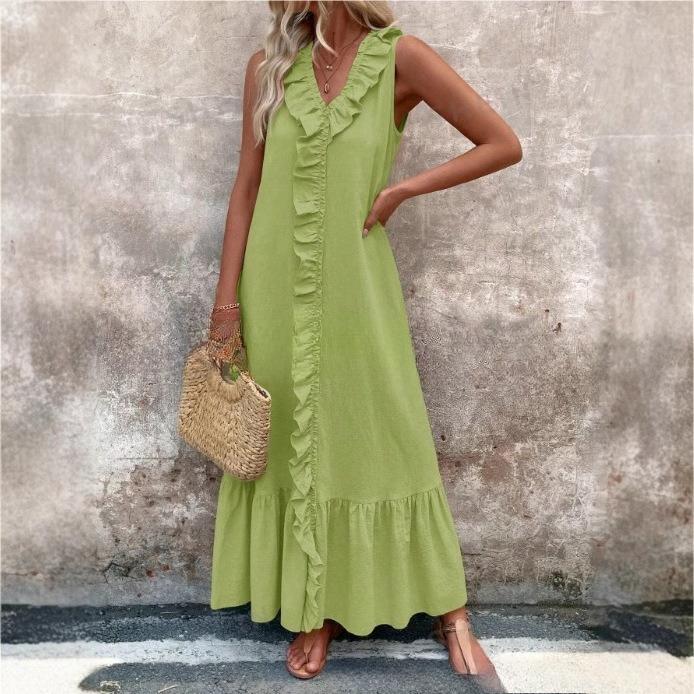 VEZFAA Women's Fashion Summer Spring Solid Color Print Sleeveless V-Neck Loose Waistline Casual Dresses