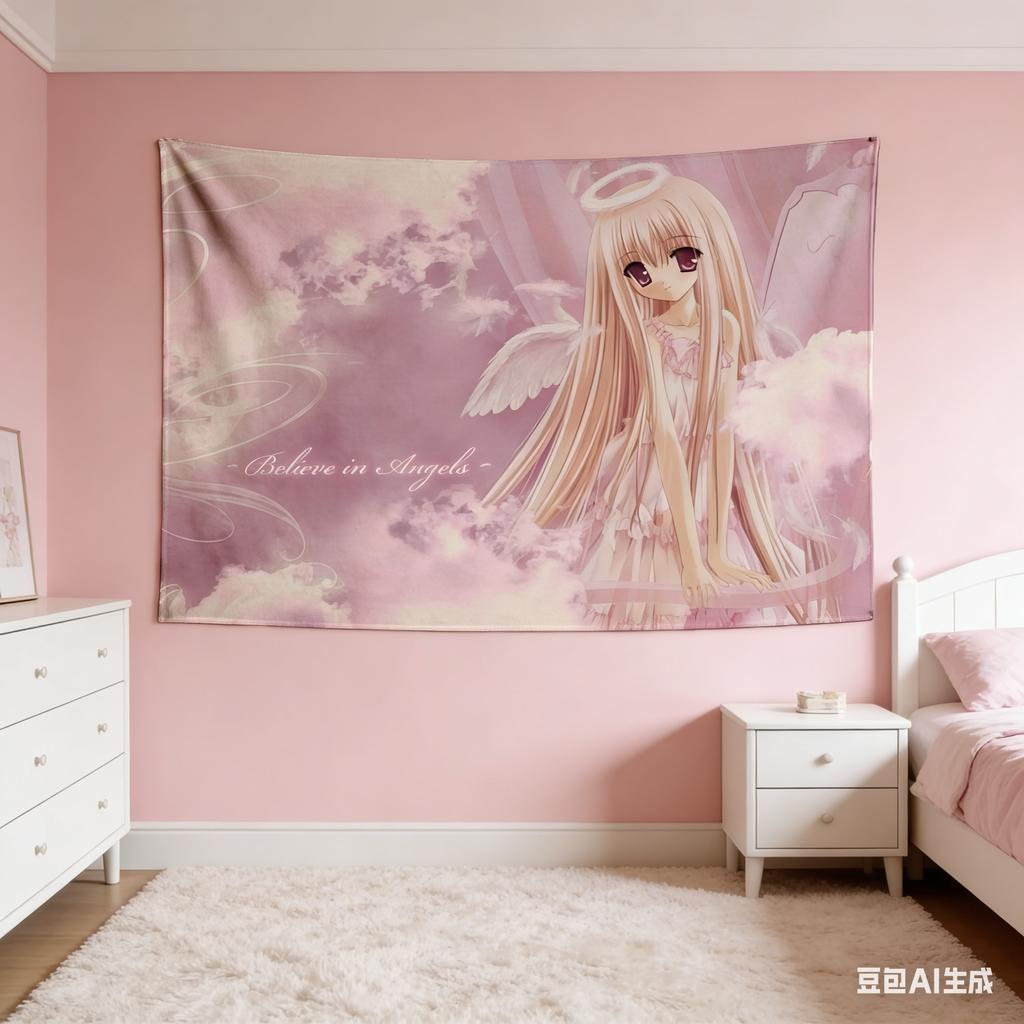 1Pc Angelic Kawaii Angel Girl Tapestry 2D Polyester Flat Print Pink Cloud Wall Hanging Decor For Bedroom Living Room Gift