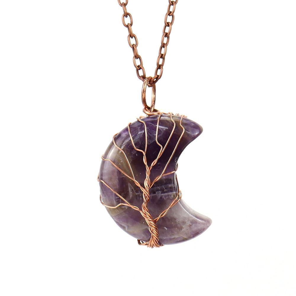 Handmade Winding Exquisite Little Moon Natural Stone Crystal Tree Of Life Pendant Necklace N570