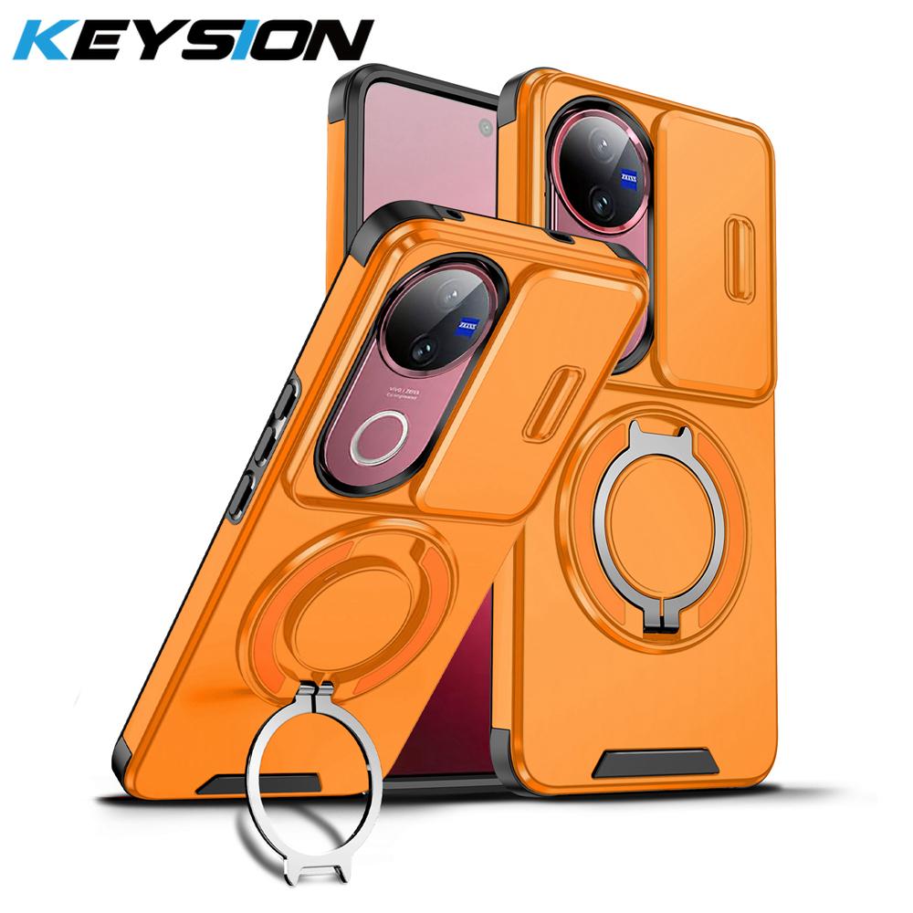 KEYSION 360° Rotating Ring Stand Phone Case for VIVO V50 5G Slide Camera Protection Magnetic Shockproof Back Cover for VIVO V50