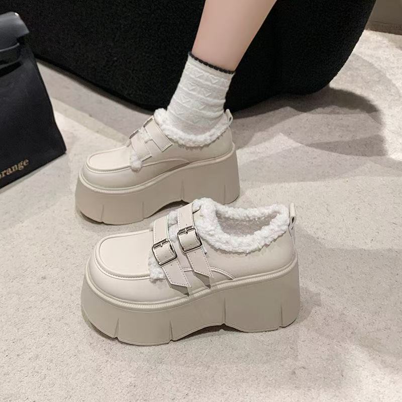 Brown fluffy shoes winter snow cotton shoes muffin platform British velvet small leather shoes