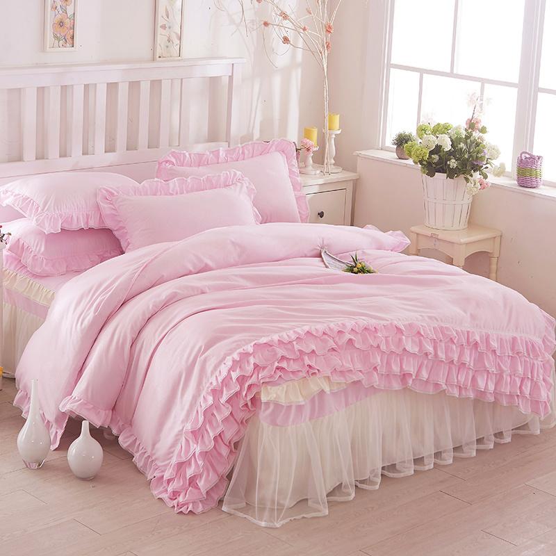 Korean Princess Duvet Cover 4 Piece Set Solid Color Ruffles Lace Quilt Cover And Pillowcase For Girl Woman Romantic Bedspread