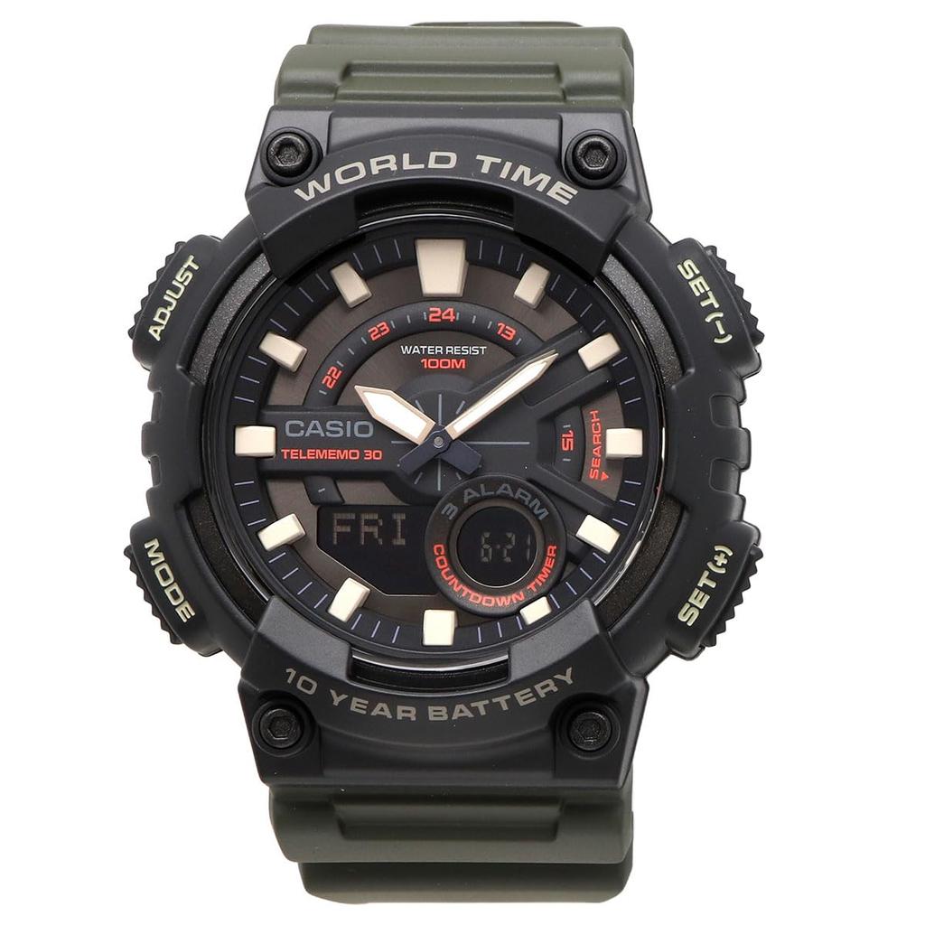 Casio AEQ-110W-3AV Men's World Time Analog-Digi Quartz Watch with Black Inverted LCD and Military Green Display (Imported)