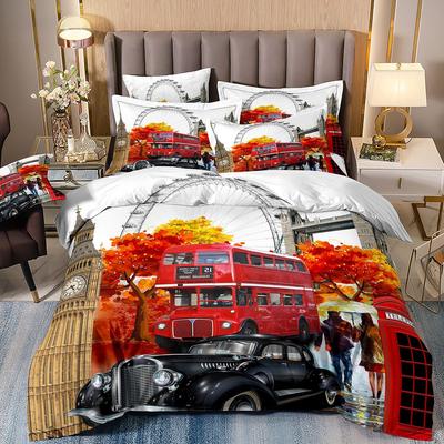 3D Digital Printing Bedding British Retro Phone Booth Quilt Cover Three-Piece Set