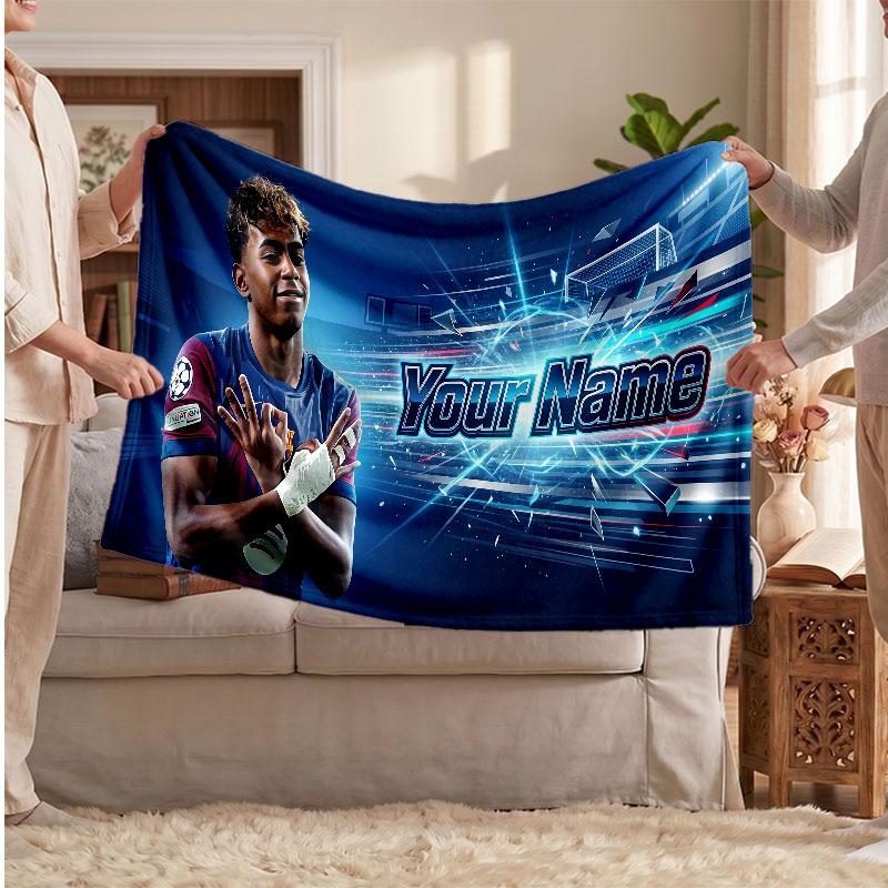 Coperta in pile personalizzata Lamine Yamal con logo del calcio, testo con nome personalizzato, morbida, calda, coperta da divano per la casa