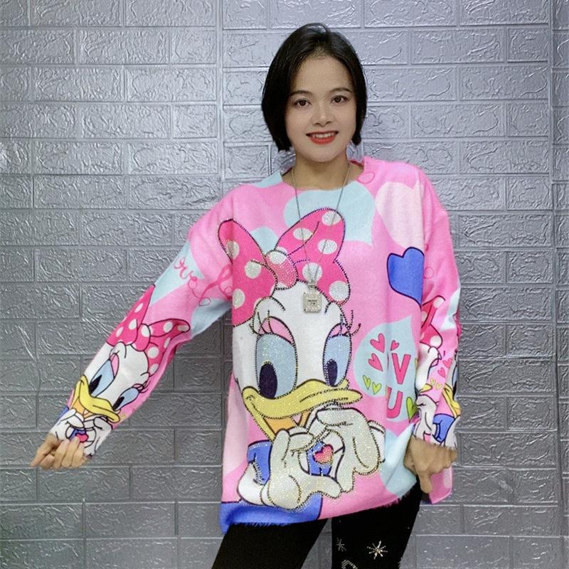 Women's Autumn 2022 Cartoon Print Fluffy Sweater - Soft, Loose, and Casual Round Neck Top with Hot Drilling Detail