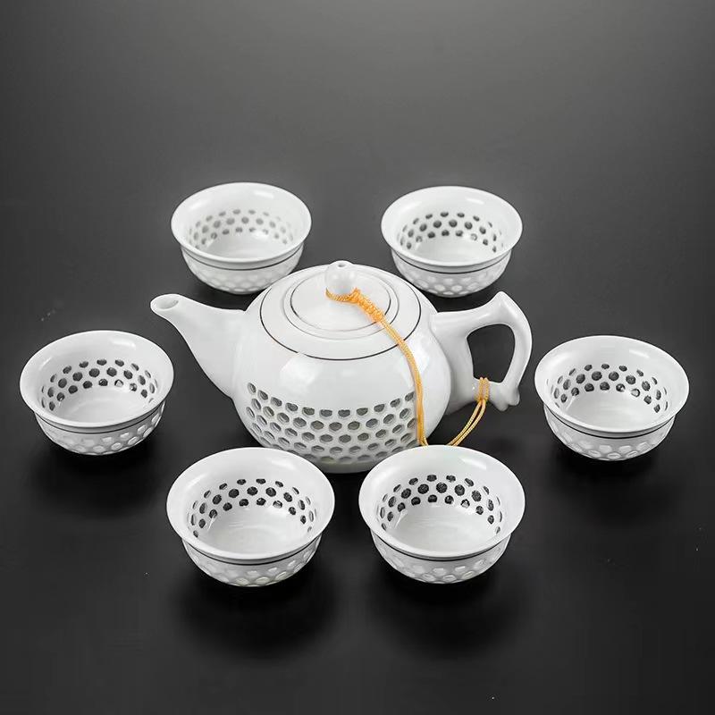 

Новый полый чайный сервиз из белого фарфора, китайский кунг-фу, домашняя чайная посуда, церемония, чайник для пуэра, 6 чайных чашек