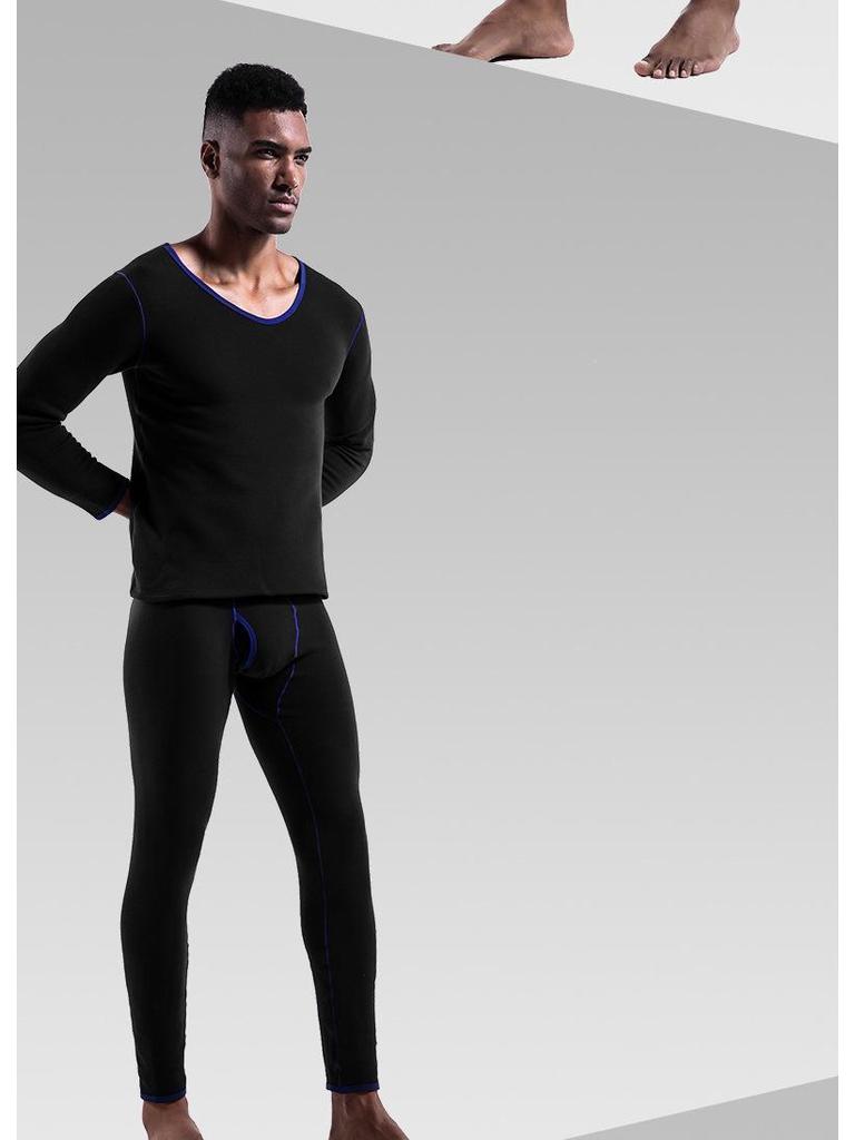Men's Thermal Low-Neck V-Neck Cotton Suit: Velvet-Lined Sweater & Pants for Autumn/Winter