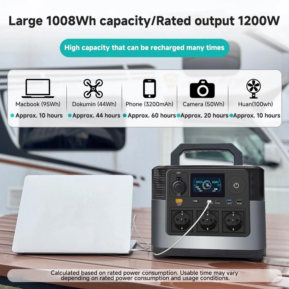 1200W Portable Power Station Solar Generator 1008Wh Lifepo4 Battery Home Backup Outdoor Camping Mobile Power EU Local Shipping