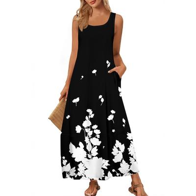 Women's Fashion Casual Maxi Skirt Summer Beach Skirt Round Neck Sleeveless Loose Floral Print Sundress