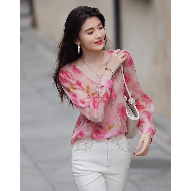 Demana Spring French Style Puff Sleeve Blouse with Gold Thread Print