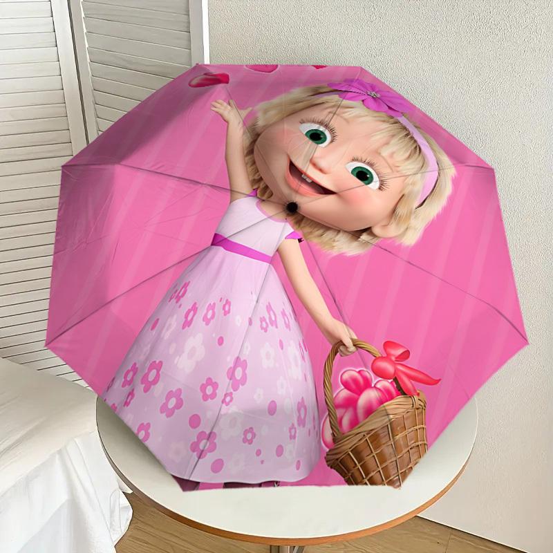 1 pièce Parapluie Pliant Automatique Masha et l'Ours, Conception Pliable Portable, Accessoire Extérieur Décontracté L1127109