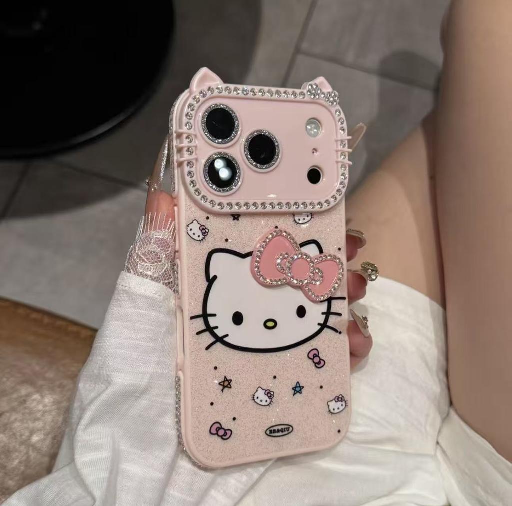 Cartoon Flash Diamond Bow Cat for iPhone17Pro Mobile Phone Case Apple 16promax Cute 15 New