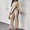 2025 Spring/Summer Women's Color Block Long Sleeve Side Slit T-Shirt & Patchwork Long Pants Set