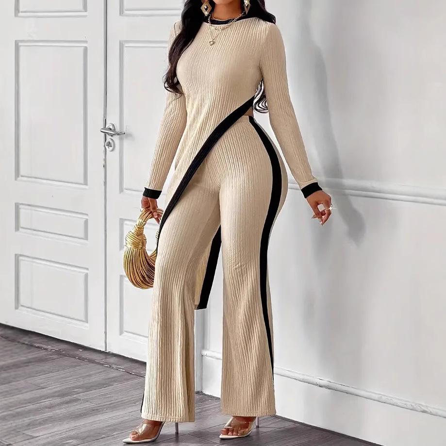 2025 Spring/Summer Women's Color Block Long Sleeve Side Slit T-Shirt & Patchwork Long Pants Set