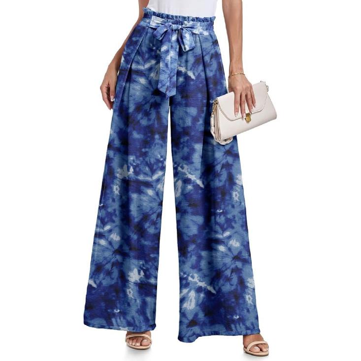 2026 Spring/Summer New Women s Wide-Leg Pants with Bow, Loose High-Waisted Pleated Casual Pants S синий
