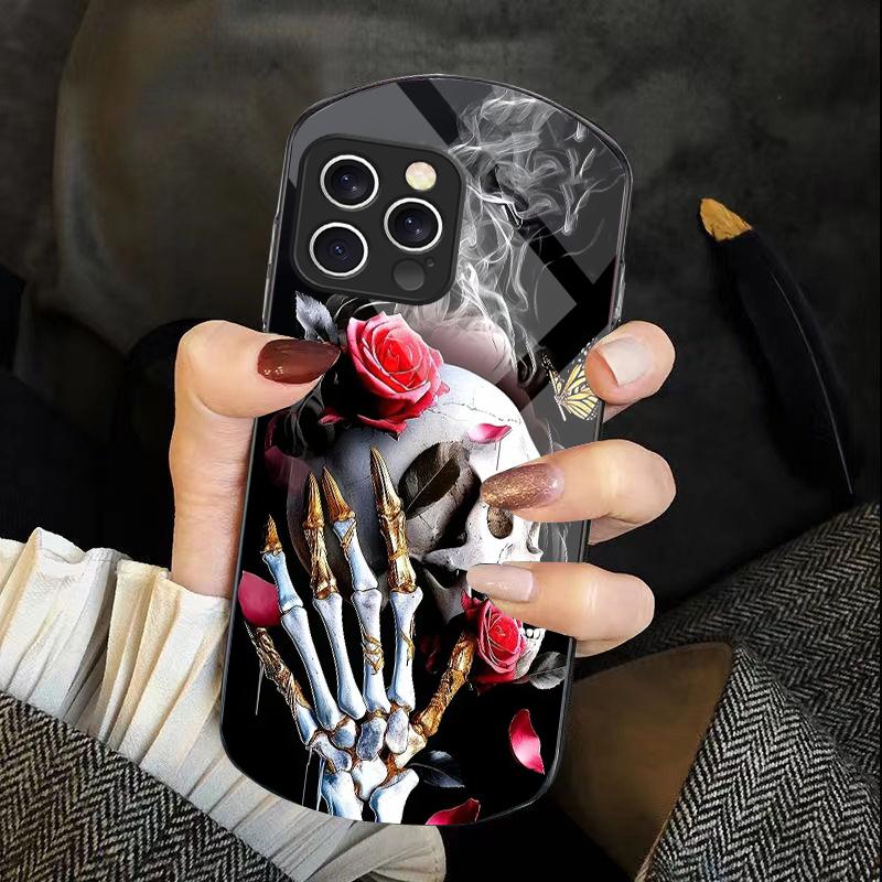 Skeleton Skull Flower For IPhone 16 Pro Max 11 12 Mini 13 14 P Lus 15 Plus 7 8 Se 2020 X Xs Elliptical Tempered Glass Phone Case