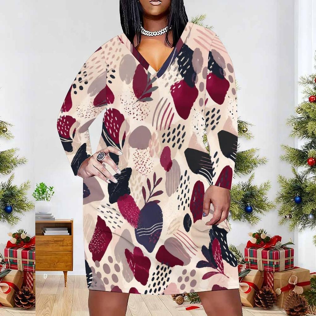 Women Plus Size V Neck Long Sleeve Geometric Printed Fitted Knee Length Dress