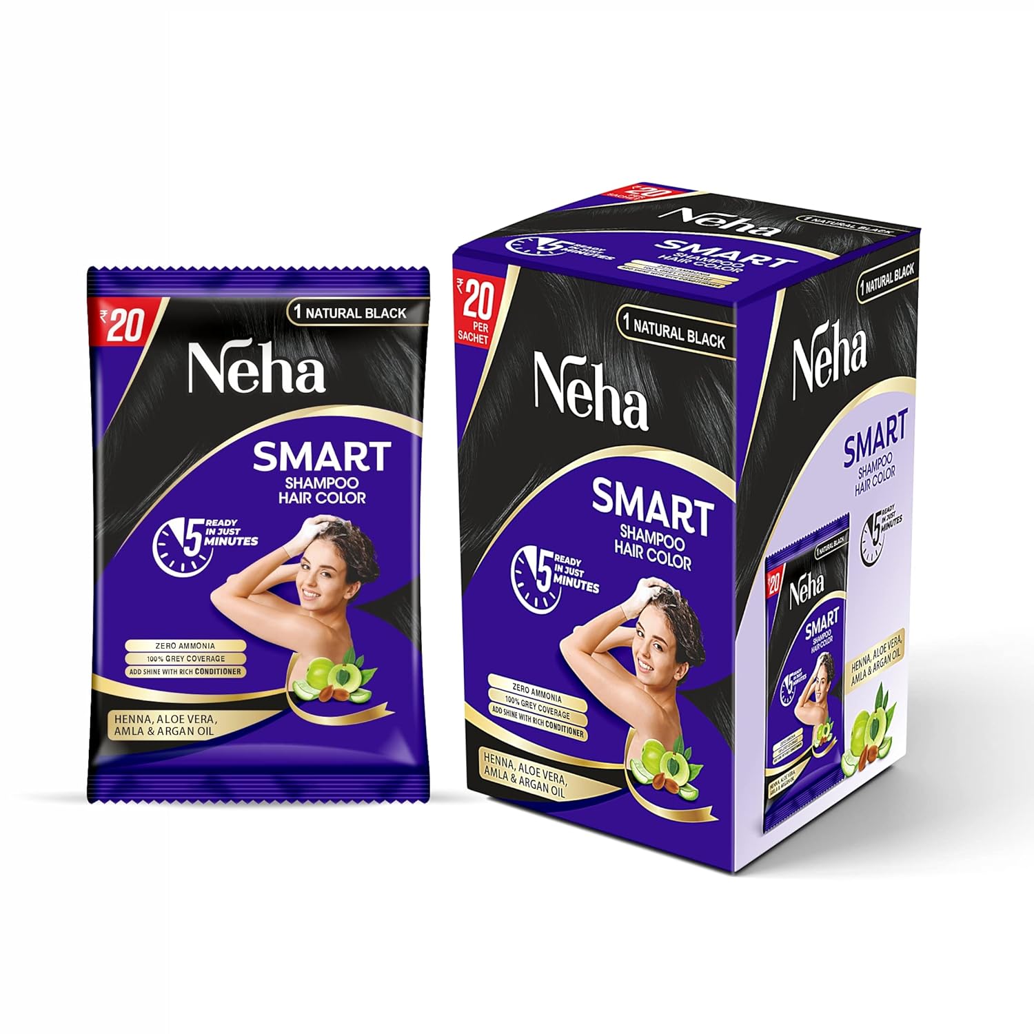 

Neha Herbal Smart Shampoo Hair Color For Men And Women Natural Black Quick 5 Minute Use Pack Of 1 X 10 Sachets (18Ml each) Easy No Bowl Application