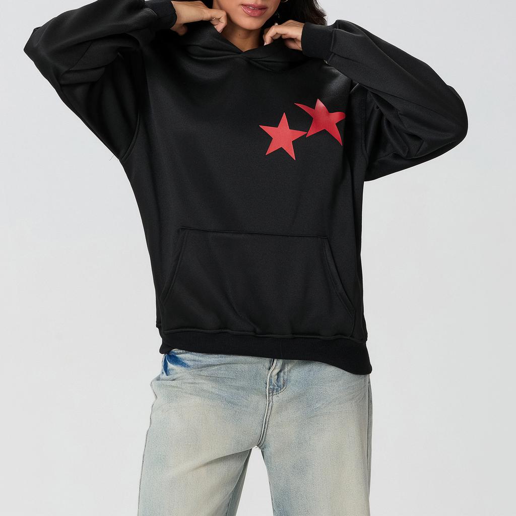 Women's Fall Fashion Hoodies Star Print Long Sleeve Hood Loose Fit Fleece Sweatshirt