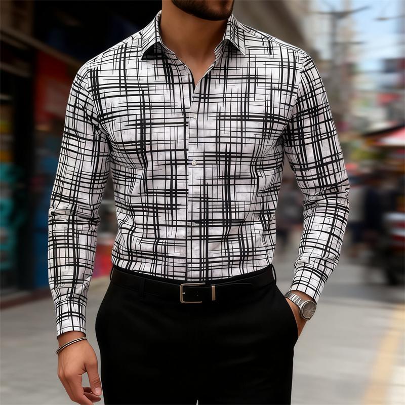 2025 New Men's Trendy Geometric Line Print Long-sleeved Shirt 18 Colors Personality Fashion Slim Lapel Casual Versatile Shirt