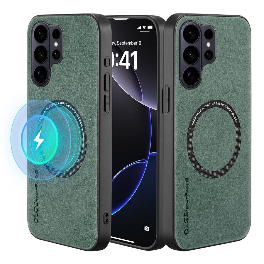 

For Magsafe Phone Case For Samsung Galaxy S26 S25 S24 S23 S22 S21 S20 Puls Ultra Magnetic Wireless Charging Leather Back Cover Galaxy S25 Ultra зелений